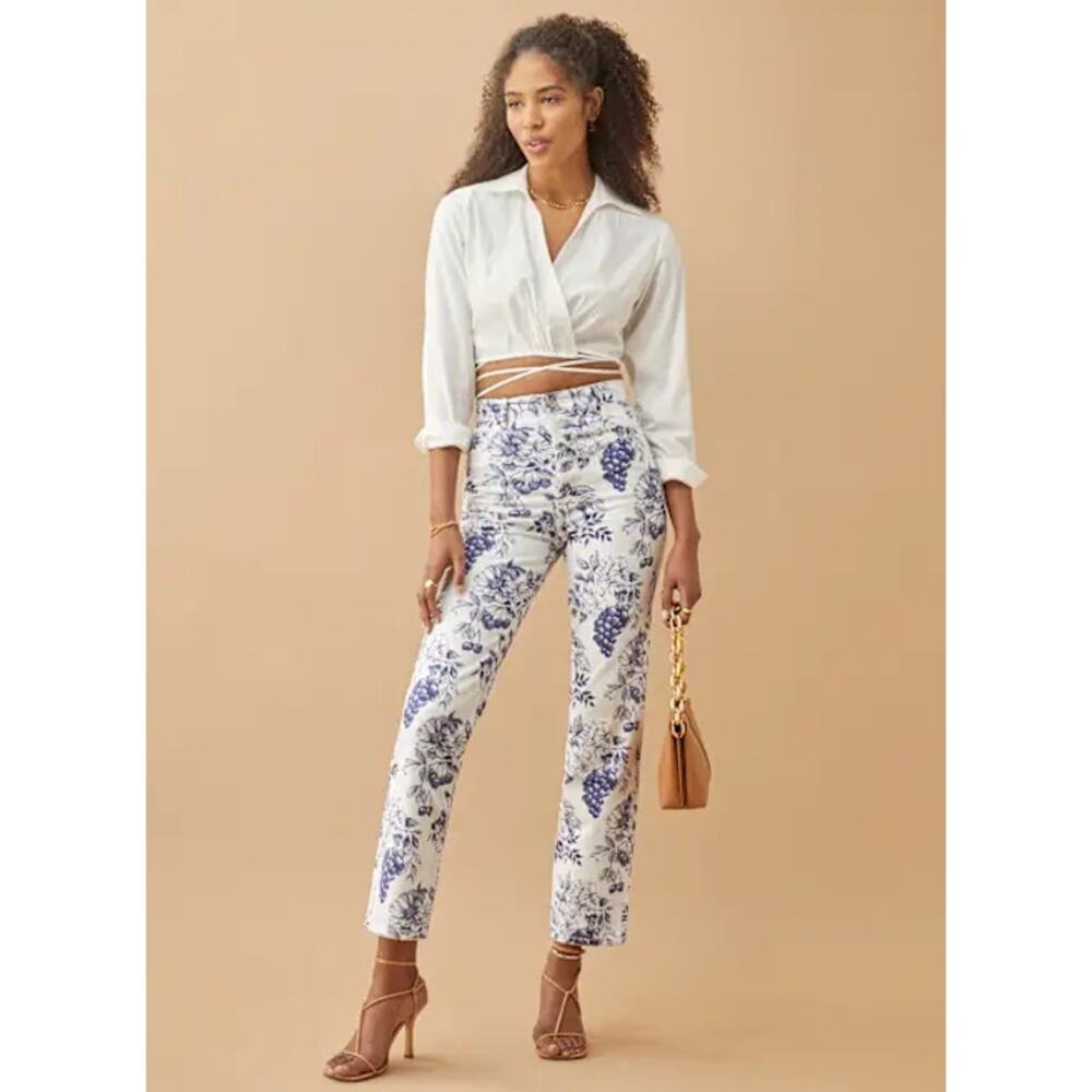Reformation Jeans Cynthia Toile High Rise Straight Jeans Ivory Blue Size 25